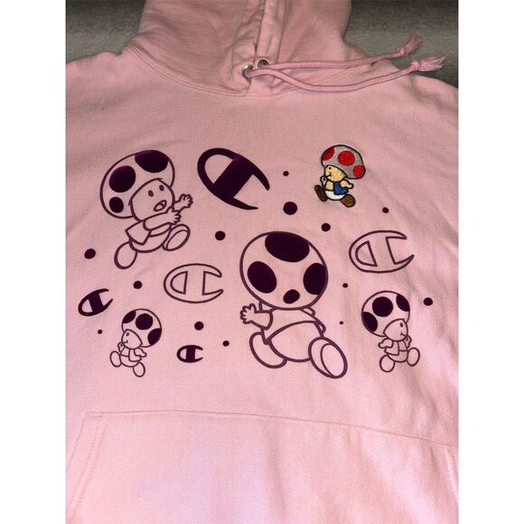 Champion x Super Mario Bros Toad Pink Pullover Hoodie Unisex Size L RARE - Picture 5 of 9